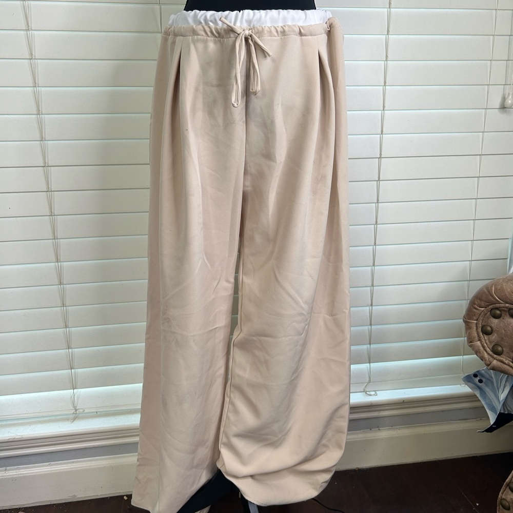 Beige Wide-Leg Drawstring Pants